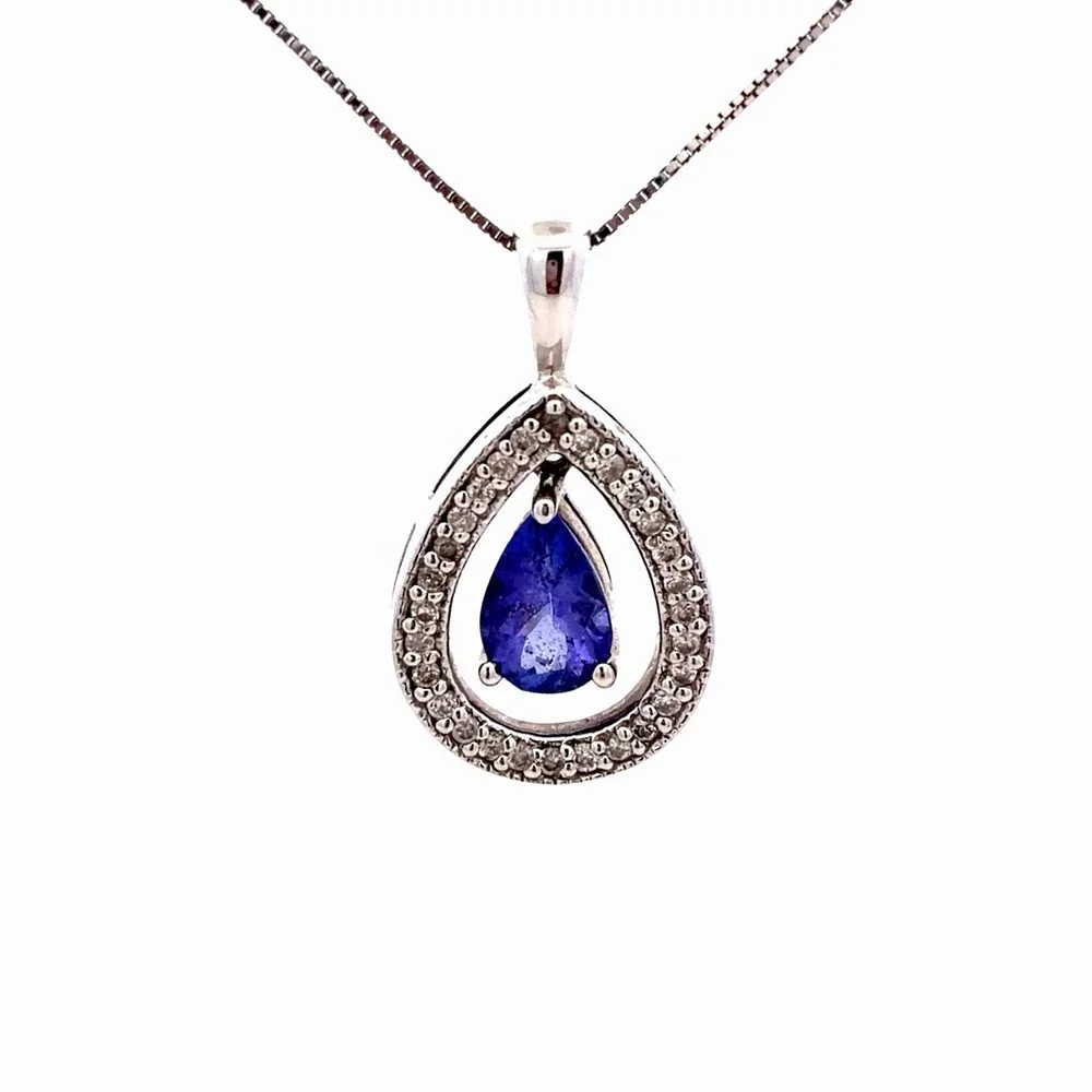 Designer RCI 14K White Gold Floating Tanzanite Pear Diamond Accent Halo Necklace